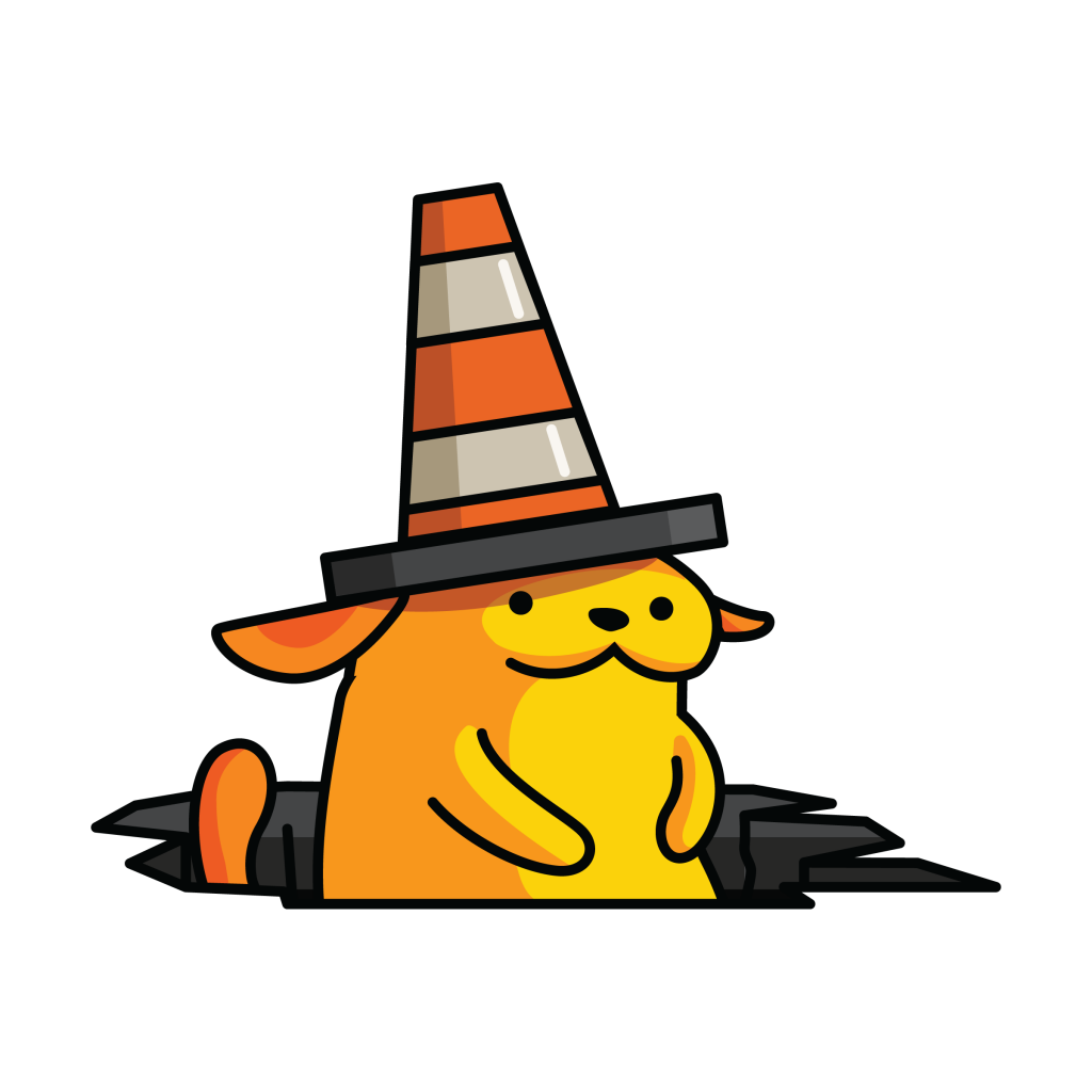 Wapuu, WordPress' mascot with a traffic cone on its head in a pothole