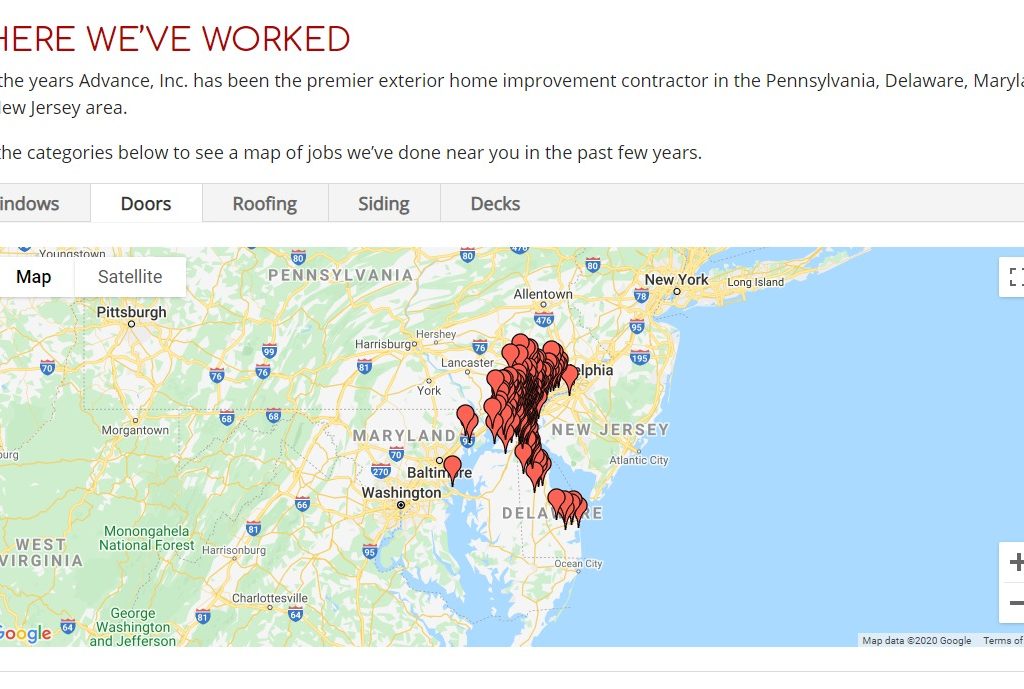 Google Map of jobs Advance has completed in their service area