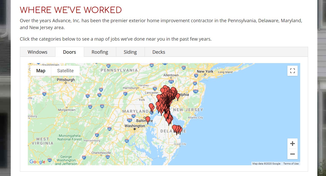 Google Map of jobs Advance has completed in their service area