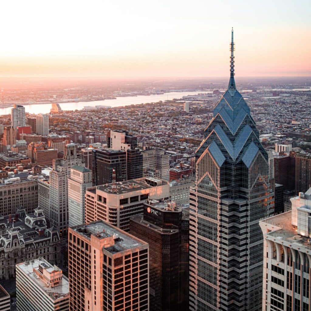 Philadelphia skyline from above.