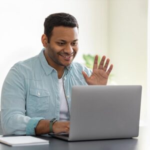 Zoom-1-on-1-call-Man-waving-at-screen-greeting-other-person