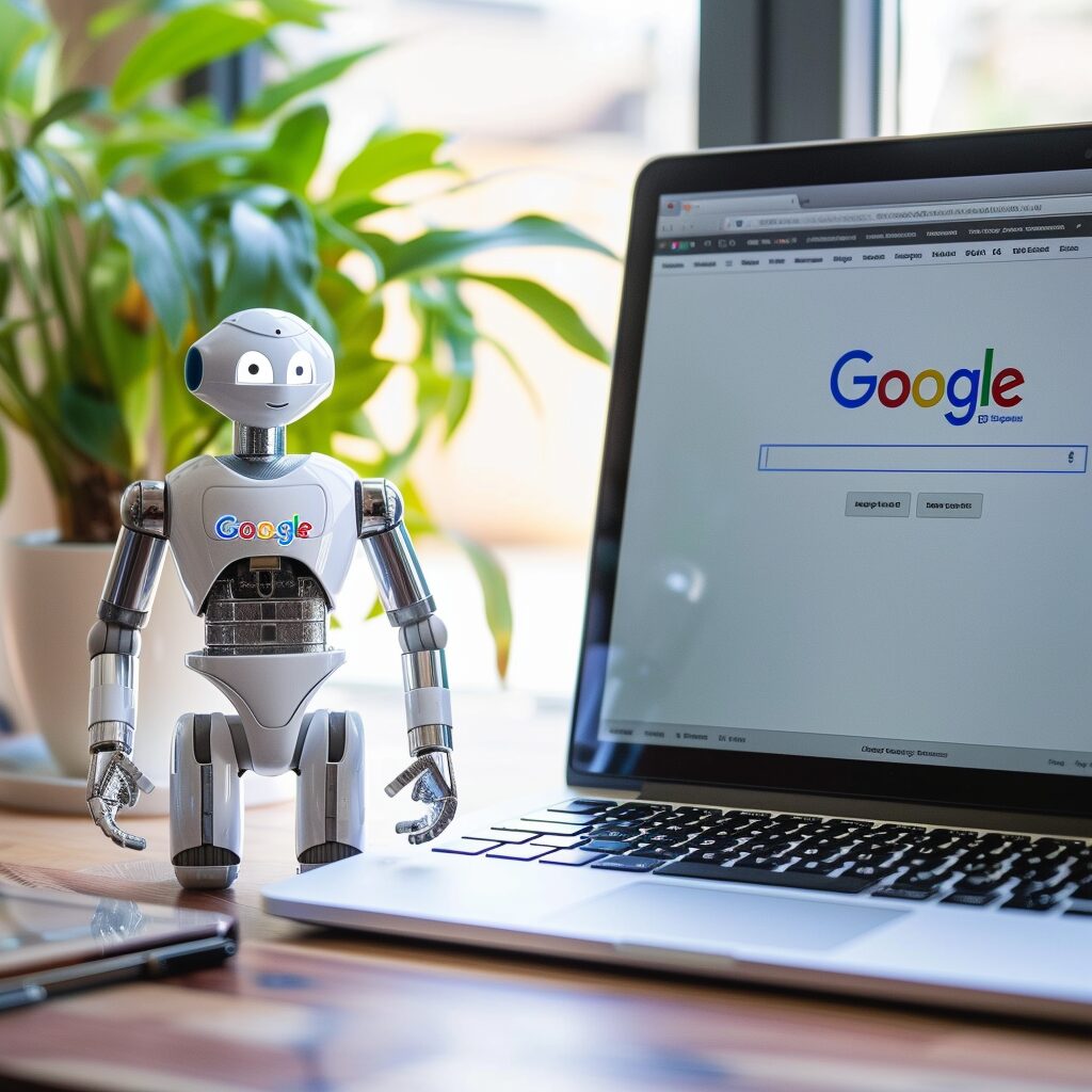 a robot standing in front of a laptop