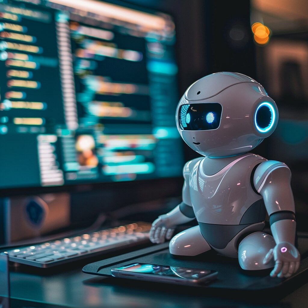 Robot on keyboard looking at code on a screen