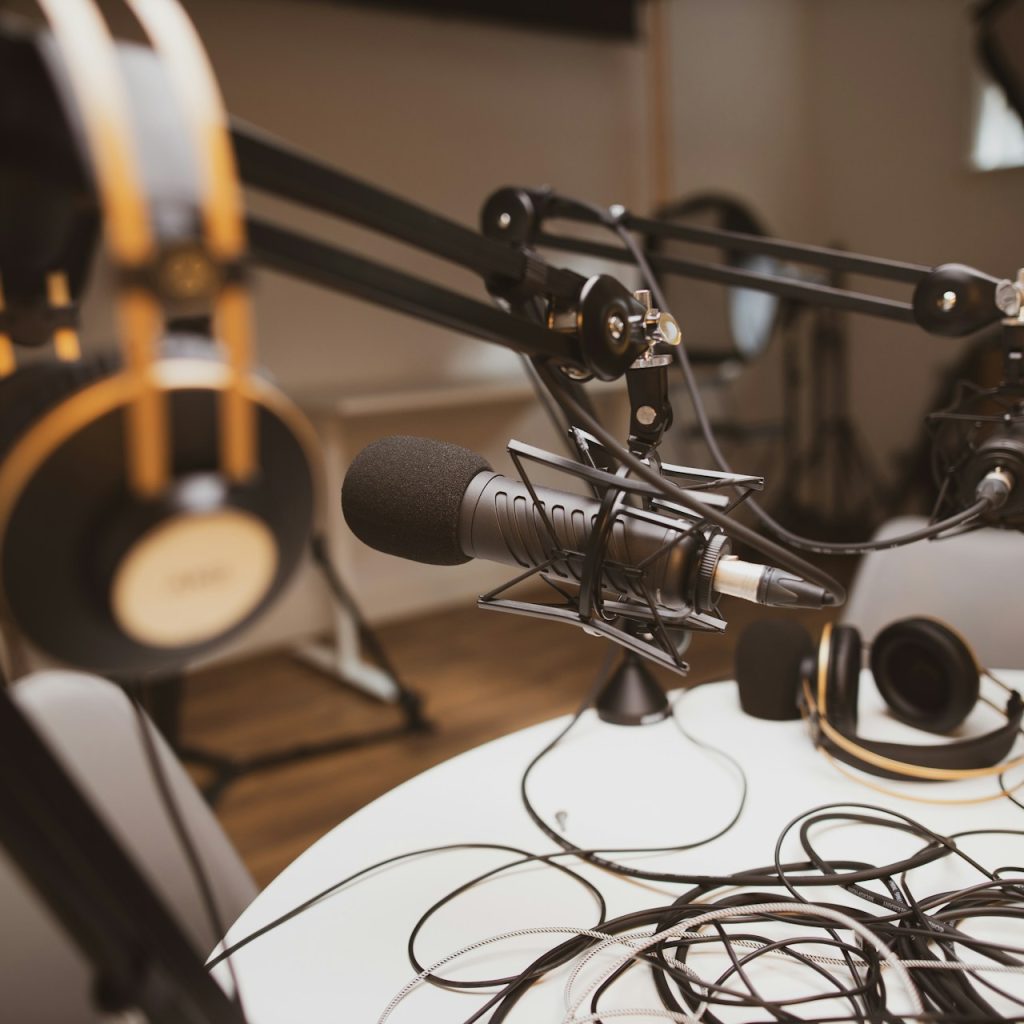 Podcast studio. With microphone and headphones and wires