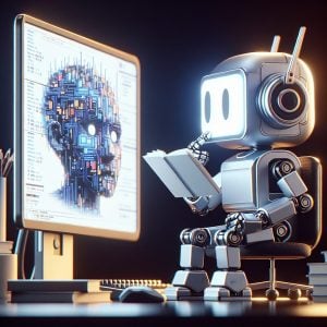 a robot sitting at a desk reading a book