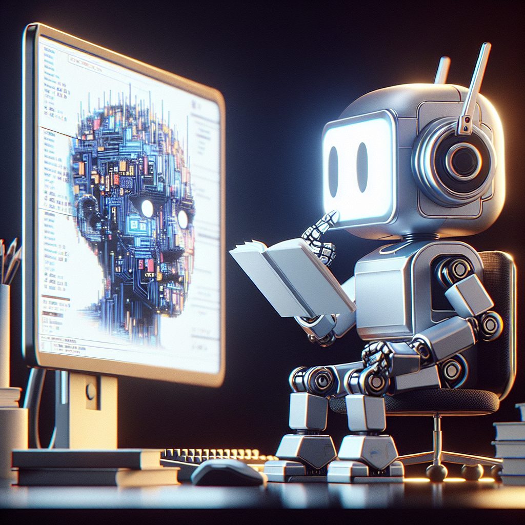 a robot sitting at a desk reading a book