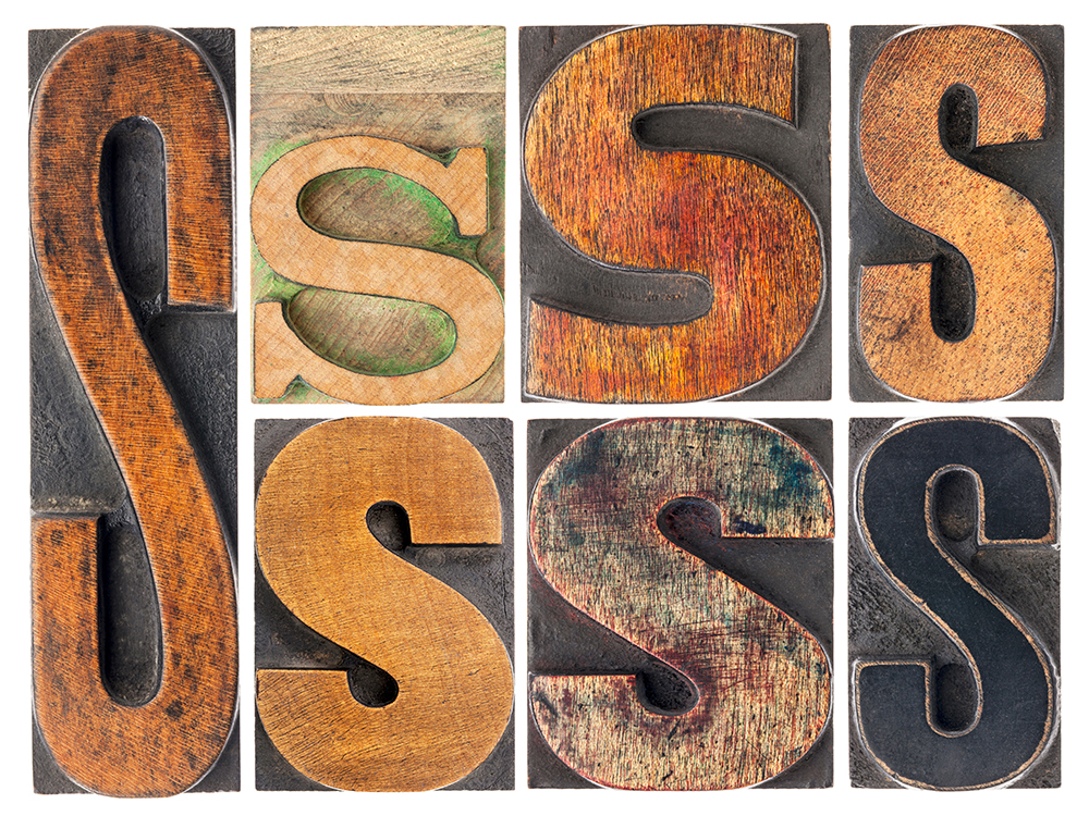 letter S - 7 isolated vintage letterpress wood type blocks with ink patina, variety of fonts