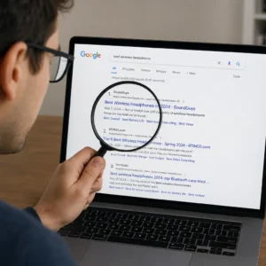 person searching with a magnifying glass google listings